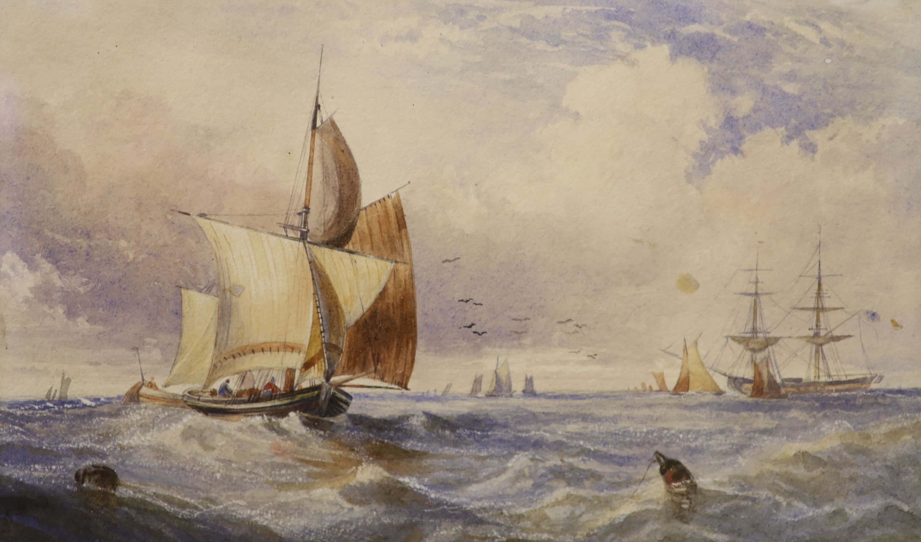 19th century English School, watercolour, Shipping off the coast, 15 x 26cm